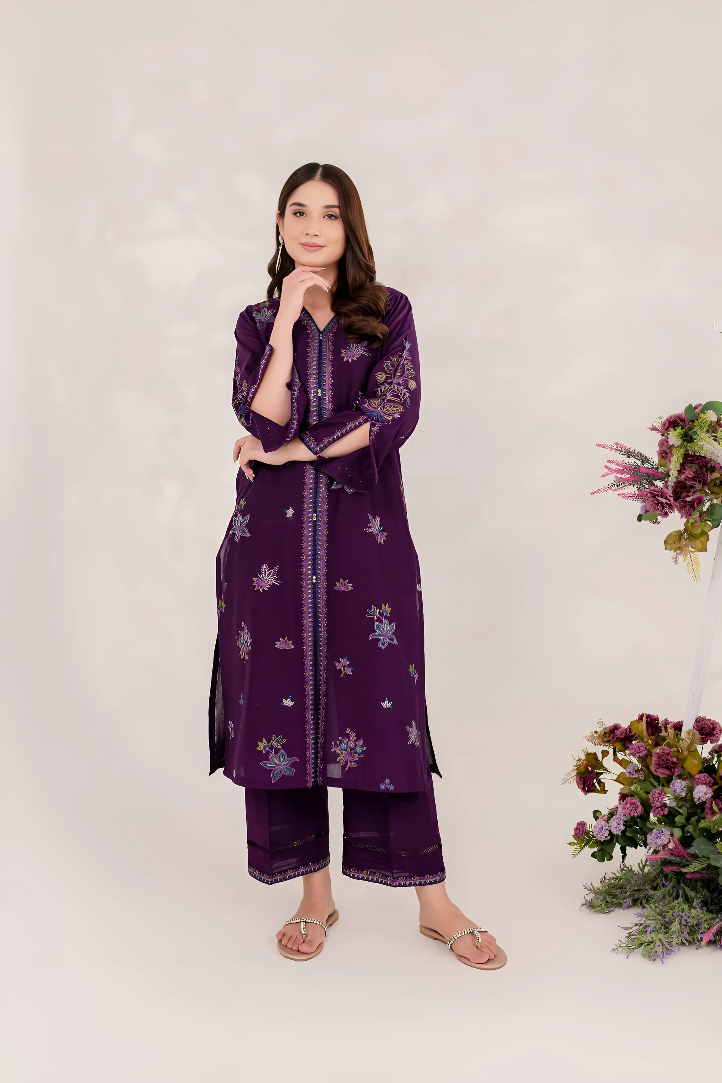 Best Seller - Purple Ella - 2Pc Stitched Embroidered Dress - Image 3