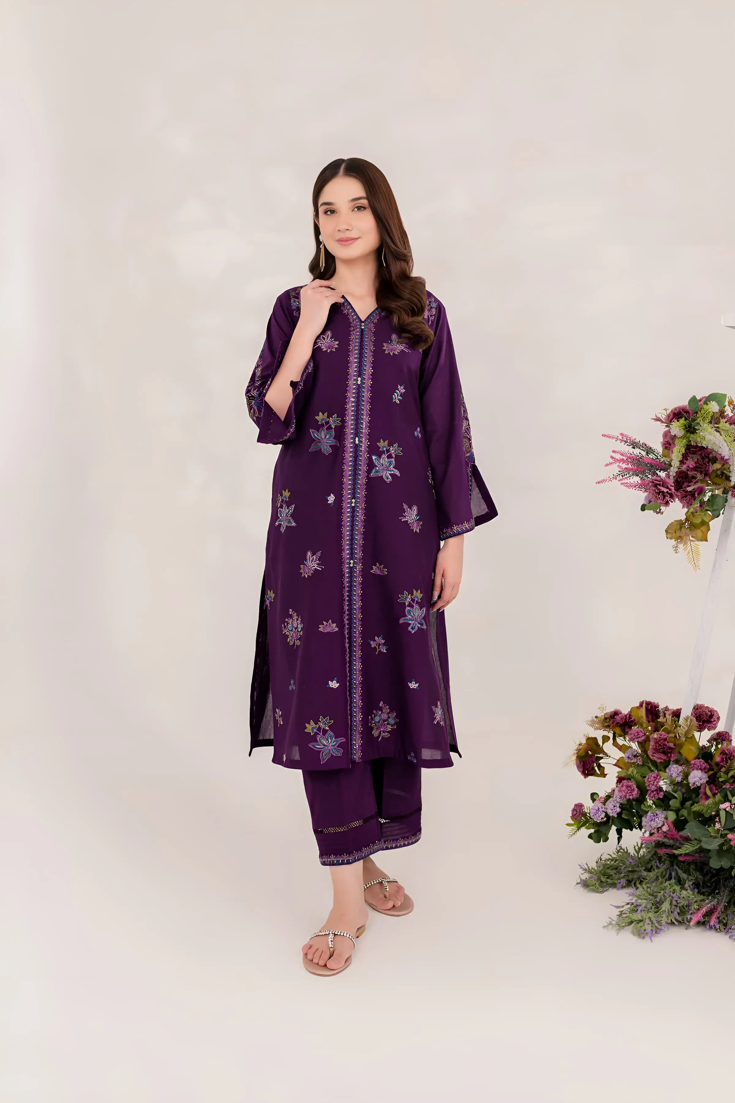 Best Seller - Purple Ella - 2Pc Stitched Embroidered Dress - Image 8