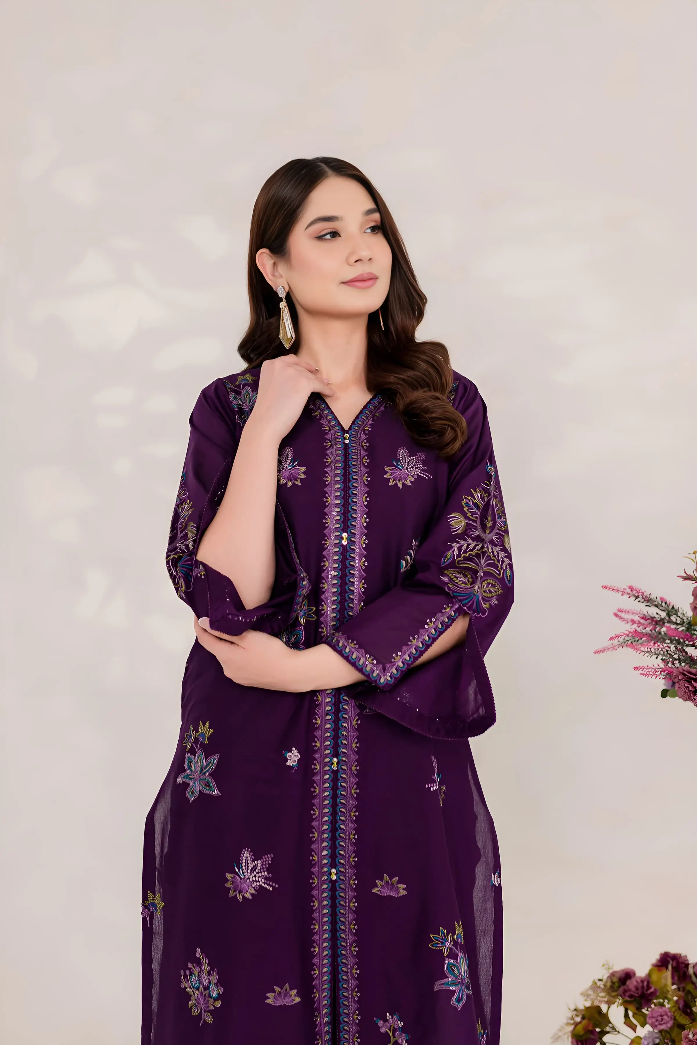 Best Seller - Purple Ella - 2Pc Stitched Embroidered Dress - Image 9
